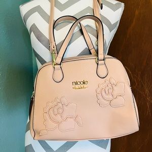 Nicole by Nicole Miller Light Pink Embossed Rose top Handle with Crossbody strap